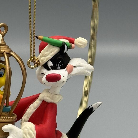 1995 Warner Brothers Santa Sylvester & Tweety Bird in Cage Christmas Ornament 3" - Picture 6 of 10